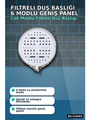 Hace Bazaar Filtreli Duş Başlığı 6 Modlu Geniş Panel Silikon Nozullu Banyo Duş Başlığı Beyaz BX-316064