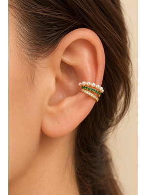 Moonzy Minimalist & Cozy Üç Sıralı Inci ve Zirkon Taşlı Earcuff Küpe Yeşil Taşlı Deliksiz Kıkırdak Küpesi Gold