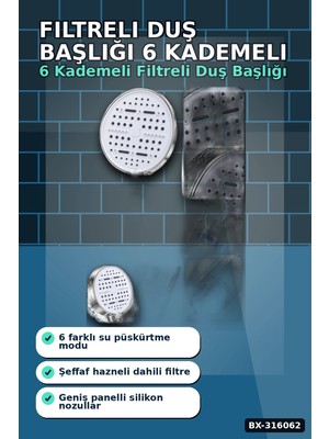 Hace Bazaar Filtreli Duş Başlığı 6 Kademeli Su Püskürtme Geniş Panel Silikon Nozullu Beyaz BX-316062