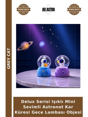 Grey Cat Delux Serisi Işıklı Mini Sevimli Astronot Kar Küresi Gece Lambası Objesi