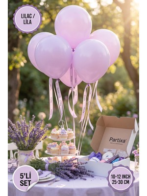 Partixa 5'li Set Lila (Lilac) Renk Premium Lateks Makaron Balon - 10-12 Inç (25-30 Cm) Helyum Uyumlu
