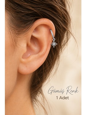 Moonzy Minimalist & Cozy Kutup Yıldızı Zirkon Taşlı Halka Piercing Helix Kıkırdak Lob Küpesi ,gümüş Renk