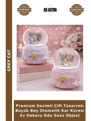Grey Cat Premium Sevimli Çift Tasarımlı Büyük Boy Otomatik Kar Küresi Ev Dekoru Oda Süsü Objesi