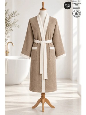 Ellaline 1 Parça Kimono Çizgili Bornoz 100% Pamuk Sertifikalı Kontrast Unisex Çizgili Kimono Bornoz - Bej