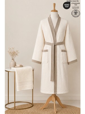 Ellaline 2 Parça Kimono Bornoz Takımı 100% Pamuk Sertifikalı Çizgili Kontrast Unisex Bornoz Seti - Krem