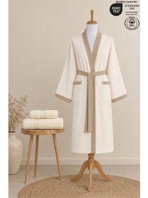 Ellaline 3 Parça Kimono Bornoz Takımı 100% Pamuk Sertifikalı Kontrast Çizgili Unisex Bornoz Seti - Krem