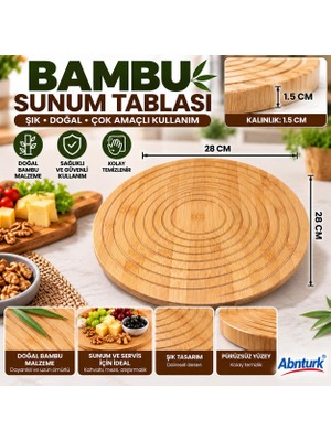 Abnturk 28CM Çaplı Yuvarlak Dairesel Oymalı Bambu Kahvaltı Sunum Tabağı-Ahşap Mutfak Servis Sunum Tabağı 