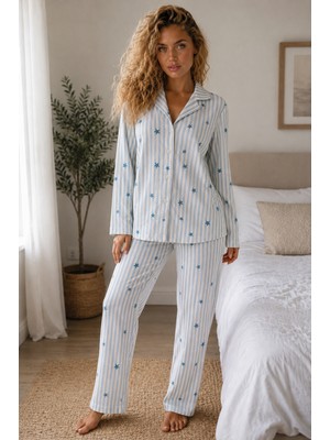 Night Mavi Kadın Örme Gömlek Yaka Pijama Takımı