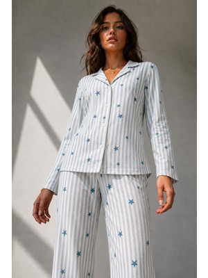 Night Mavi Kadın Uzun Kollu Pamuklu Pijama Takımı