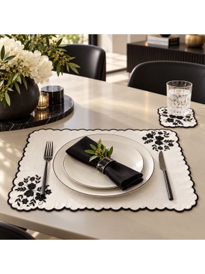 Lilies Atelier Siyah Çiçek Desenli Nakı Keten Sofra Takımı 2 Adet Amerikan Servis ve 2 Adet Kokteyl Peçetesi