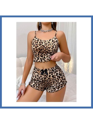 Evçem Kadın Leopar Desenli Askılı Şortlu Pijama Takımı 5239 · Beden: L/xl · Renk: Kahverengi Evcem