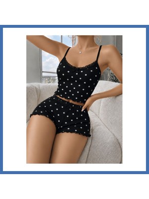 Evçem Kadın Siyah Puantiyeli Dantelli Yumuşak Askılı Şortlu Pijama Takımı 5268 · Beden: L/xl · Renk: Siyah Evcem