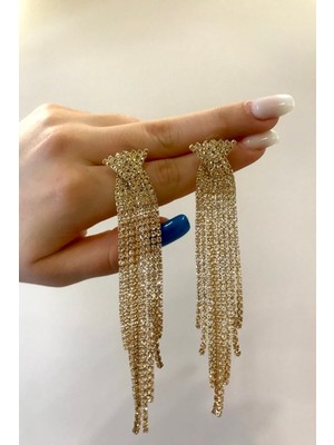 Mupte Jewelry Kadın Taşlı Gold Renk Uzun Üst Kısmı Modelli Sallantılı Küpe