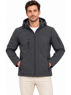 RKM Ticaret Erkek Su Geçirmez Softshell Içi Polar Astarlı Çıkarılabilir Kapüşonlu 4 Cepli Mont Ceket - Füme