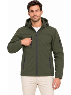 RKM Ticaret Erkek Su Geçirmez Softshell Içi Polar Astarlı Çıkarılabilir Kapüşonlu 4 Cepli Mont Ceket - Haki