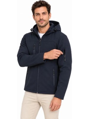 RKM Ticaret Erkek Su Geçirmez Softshell Içi Polar Astarlı Çıkarılabilir Kapüşonlu 4 Cepli Mont Ceket - Lacivert