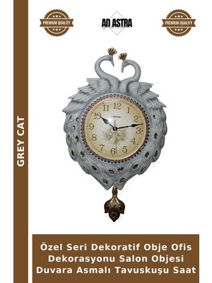 Grey Cat Özel Seri Dekoratif Obje Ofis Dekorasyonu Salon Objesi Duvara Asmalı Tavuskuşu Saat