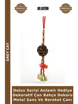 Grey Cat Delux Serisi Anlamlı Hediye Dekoratif Çan Bahçe Dekoru Metal Şans ve Bereket Çanı