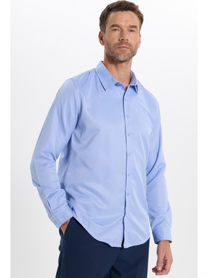 Tudors Slim Fit Kolay Ütülenebilir Ter Konforu Sağlayan Kravatlık Yaka Dört Mevsim Mavi Erkek Gömlek