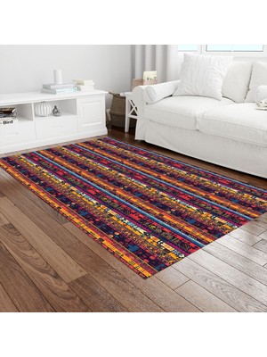 Painted Anarchy Turuncu Lacivert Bohem Kilim Şerit Desenli Halı Kaymaz Taban Yıkanabilir Salon Halısı