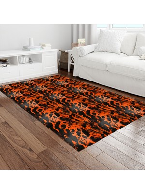 Painted Anarchy Turuncu Siyah Batik Leopar Desenli Halı Kaymaz Dot Taban Yıkanabilir Dijital Baskı Salon Halısı