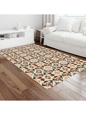 Painted Anarchy Bej Siyah Navajo Kilim Desenli Halı Kaymaz Dot Taban Yıkanabilir Dijital Baskı Salon Halısı