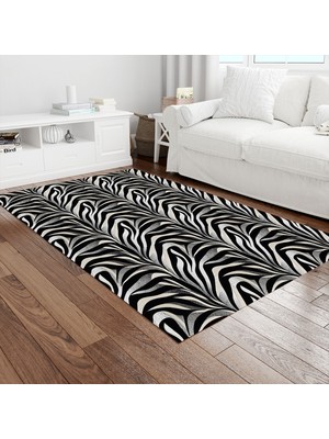 Painted Anarchy Siyah Beyaz Zebra Yelpaze Desenli Halı Kaymaz Dot Taban Yıkanabilir Dijital Baskı Salon Halısı