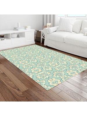Painted Anarchy Mint Krem Damask Çiçek Desenli Halı Kaymaz Dot Taban Yıkanabilir Dijital Baskı Salon Halısı