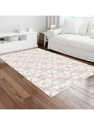 Painted Anarchy Beyaz Pembe Mint Pastel Çiçek Desenli Halı Kaymaz Dot Taban Yıkanabilir Dijital Baskı Salon Halısı
