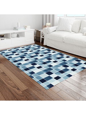 Painted Anarchy Lacivert Beyaz Sulu Boya Karo Desenli Halı Kaymaz Dot Taban Yıkanabilir Dijital Baskı Salon Halısı