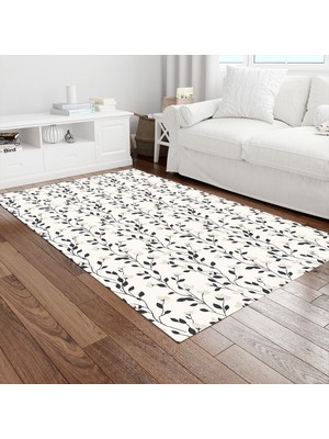 Painted Anarchy Krem Siyah Silüet Yaprak Dal Desenli Halı Kaymaz Dot Taban Yıkanabilir Dijital Baskı Salon Halısı