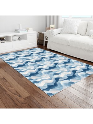 Painted Anarchy Mavi Beyaz Yumuşak Dalga Desenli Halı Kaymaz Dot Taban Yıkanabilir Dijital Baskı Salon Halısı