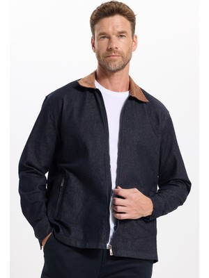 Tudors Erkek Regular Fit Rahat Kesim Kadife Yaka Fermuarlı Denim Lacivert Ceket Gömlek