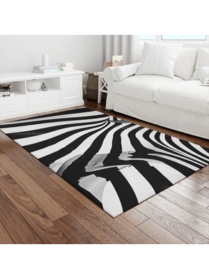 Painted Anarchy Siyah Beyaz Zebra Çizgili Dalga Baskılı Halı Kaymaz Dot Taban Yıkanabilir Dijital Baskı Salon Halısı