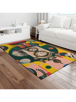 Painted Anarchy Sarı Geometrik Kule Saati Baskılı Halı Kaymaz Dot Taban Yıkanabilir Dijital Baskı Salon Halısı