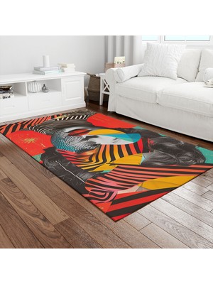 Painted Anarchy Kırmızı Çizgili Kolaj Kadın Yüzü Baskılı Halı Kaymaz Taban Yıkanabilir Salon Halısı