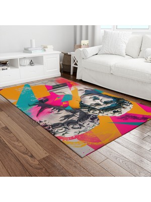 Painted Anarchy Turuncu Pembe Ikiz Büst Kolajı Baskılı Halı Kaymaz Dot Taban Yıkanabilir Dijital Baskı Salon Halısı