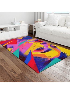 Painted Anarchy Sarı Pembe Geometrik Kadın Yüzü Baskılı Halı Kaymaz Dot Taban Yıkanabilir Dijital Baskı Salon Halısı