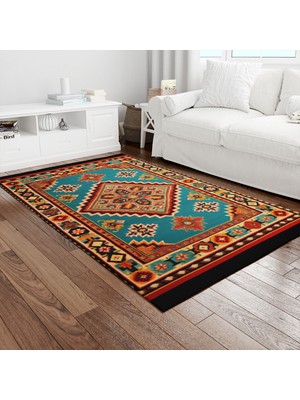 Painted Anarchy Turkuaz Fonlu Turuncu Kilim Baskılı Halı Kaymaz Dot Taban Yıkanabilir Dijital Baskı Salon Halısı