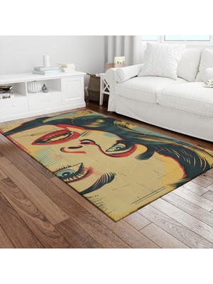 Painted Anarchy Eskitme Retro Kadın Yüzü Baskılı Halı Kaymaz Dot Taban Yıkanabilir Dijital Baskı Salon Halısı