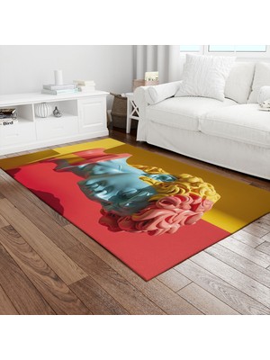 Painted Anarchy Sarı Kırmızı Zeminde Mavi Büst Baskılı Halı Kaymaz Dot Taban Yıkanabilir Dijital Baskı Salon Halısı