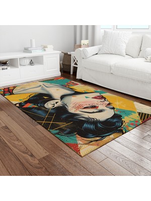 Painted Anarchy Geometrik Desenli Kadın Profili Baskılı Halı Kaymaz Dot Taban Yıkanabilir Dijital Baskı Salon Halısı