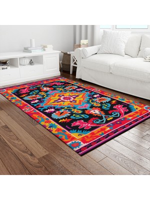 Painted Anarchy Fuşya Siyah Neon Kilim Baskılı Halı Kaymaz Dot Taban Yıkanabilir Dijital Baskı Salon Halısı