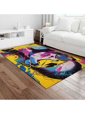 Painted Anarchy Sarı Gözlüklü Pop Kadın Baskılı Halı Kaymaz Dot Taban Yıkanabilir Dijital Baskı Salon Halısı