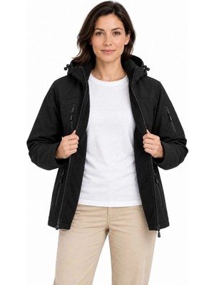 Zamerya Kadın Su Geçirmez Softshell Içi Polar Astarlı Çıkarılabilir Kapüşonlu 4 Cepli Mont Ceket - Siyah