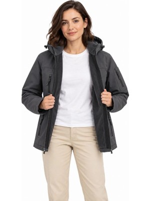 Zamerya Kadın Su Geçirmez Softshell Içi Polar Astarlı Çıkarılabilir Kapüşonlu 4 Cepli Mont Ceket - Füme