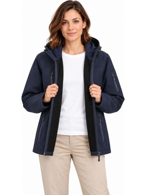 Zamerya Kadın Su Geçirmez Softshell Içi Polar Astarlı Çıkarılabilir Kapüşonlu 4 Cepli Mont Ceket - Lacivert