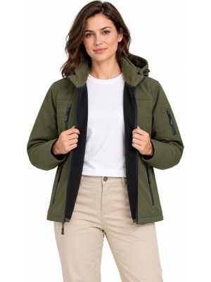 Zamerya Kadın Su Geçirmez Softshell Içi Polar Astarlı Çıkarılabilir Kapüşonlu 4 Cepli Mont Ceket - Haki