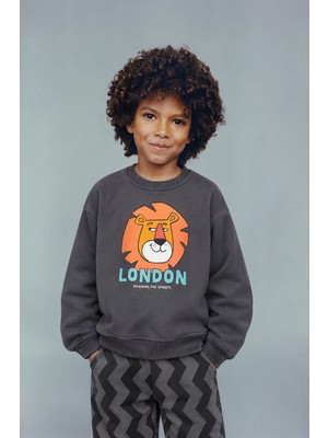 Magu Erkek Çocuk Pamuklu Aslan Baskılı Antrasit Sweatshirt ve Eşofman Takımı