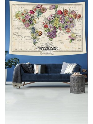 Pelangi Dünya Bitki Haritası Desenli Leke Tutmaz Kadife Dokulu Kumaş Duvar Örtüsü Duvar Halısı Tapestry WLL169, 35 x 50